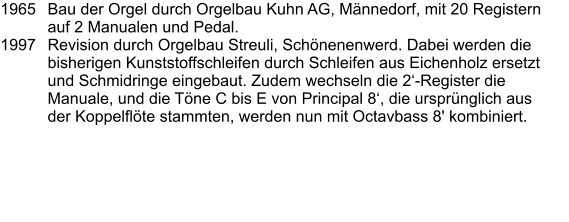 1965	Bau der Orgel durch Orgelbau Kuhn AG, Männedorf, mit 20 Registern auf 2 Manualen und Pedal. 1997	Revision durch Orgelbau Streuli, Schönenenwerd. Dabei werden die bisherigen Kunststoffschleifen durch Schleifen aus Eichenholz ersetzt und Schmidringe eingebaut. Zudem wechseln die 2‘-Register die Manuale, und die Töne C bis E von Principal 8‘, die ursprünglich aus der Koppelflöte stammten, werden nun mit Octavbass 8' kombiniert.