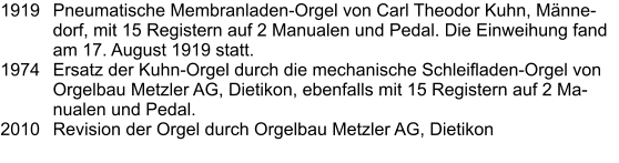 1919	Pneumatische Membranladen-Orgel von Carl Theodor Kuhn, Männedorf, mit 15 Registern auf 2 Manualen und Pedal. Die Einweihung fand am 17. August 1919 statt. 1974	Ersatz der Kuhn-Orgel durch die mechanische Schleifladen-Orgel von Orgelbau Metzler AG, Dietikon, ebenfalls mit 15 Registern auf 2 Manualen und Pedal. 2010	Revision der Orgel durch Orgelbau Metzler AG, Dietikon