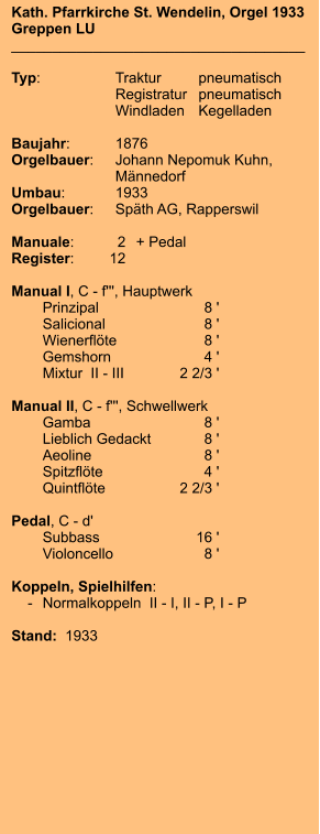 Kath. Pfarrkirche St. Wendelin, Orgel 1933 Greppen LU ____________________________________  Typ:	Traktur	pneumatisch 	Registratur	pneumatisch 	Windladen	Kegelladen  Baujahr:	1876 Orgelbauer:	Johann Nepomuk Kuhn, 	Männedorf Umbau:	1933 Orgelbauer:	Späth AG, Rapperswil  Manuale:	2	+ Pedal Register:	12  Manual I, C - f''', Hauptwerk 	Prinzipal	8 ' 	Salicional	8 ' 	Wienerflöte	8 ' 	Gemshorn	4 ' 	Mixtur  II - III	2 2/3 '  Manual II, C - f''', Schwellwerk 	Gamba	8 ' 	Lieblich Gedackt	8 ' 	Aeoline	8 ' 	Spitzflöte	4 ' 	Quintflöte	2 2/3 '  Pedal, C - d' 	Subbass	        16 ' 	Violoncello	8 '  Koppeln, Spielhilfen:     -	Normalkoppeln  II - I, II - P, I - P   Stand:  1933