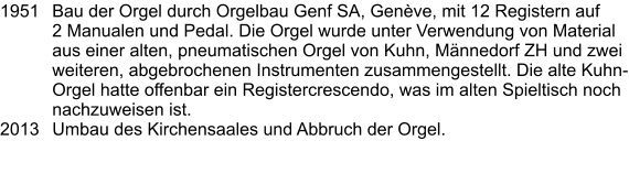 1951	Bau der Orgel durch Orgelbau Genf SA, Genève, mit 12 Registern auf 2 Manualen und Pedal. Die Orgel wurde unter Verwendung von Material aus einer alten, pneumatischen Orgel von Kuhn, Männedorf ZH und zwei weiteren, abgebrochenen Instrumenten zusammengestellt. Die alte Kuhn-Orgel hatte offenbar ein Registercrescendo, was im alten Spieltisch noch nachzuweisen ist. 2013	Umbau des Kirchensaales und Abbruch der Orgel.